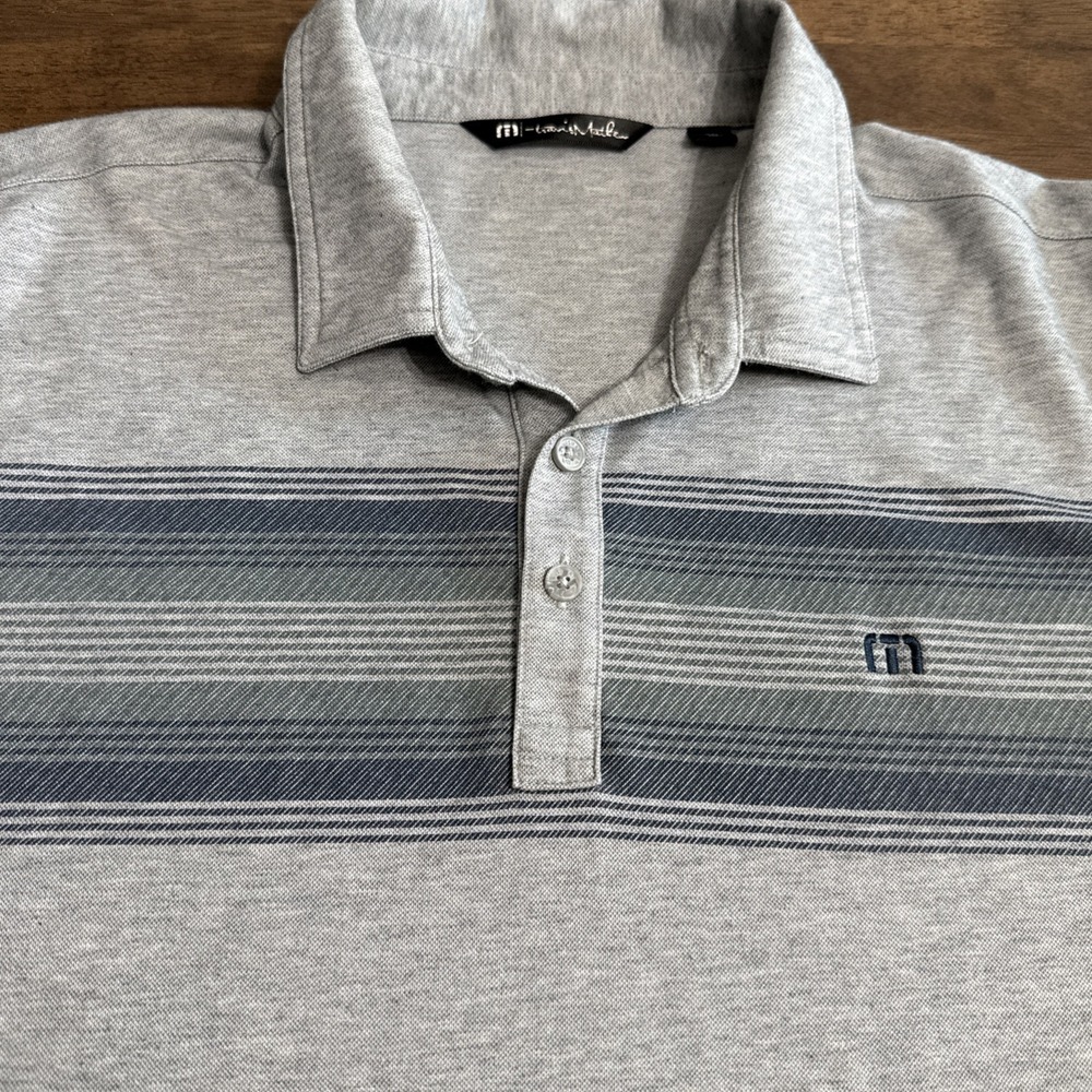 Travis Mathew Mens Heather Gray & Blue Striped Polo Golf Shirt XXL Sportswear